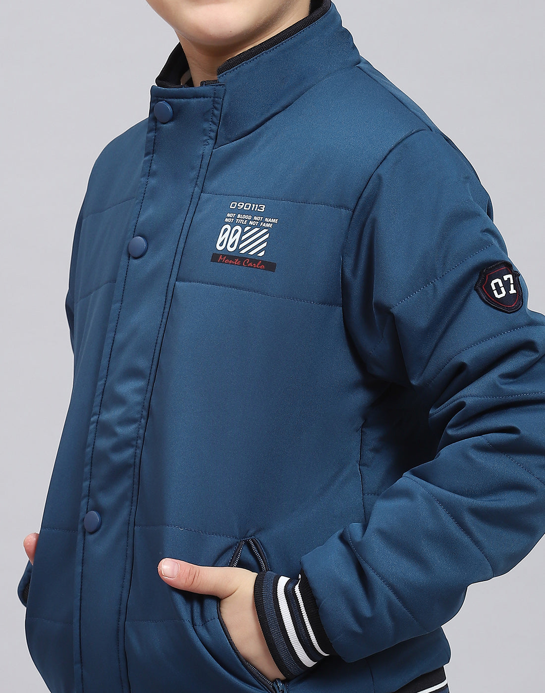 Boys Teal Blue Solid Stand Collar Full Sleeve Boys Jacket