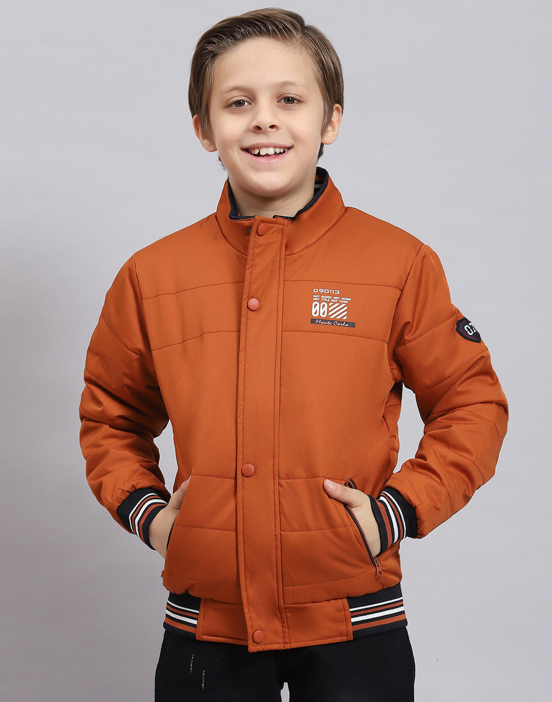 Boys Rust Solid Stand Collar Full Sleeve Boys Jacket