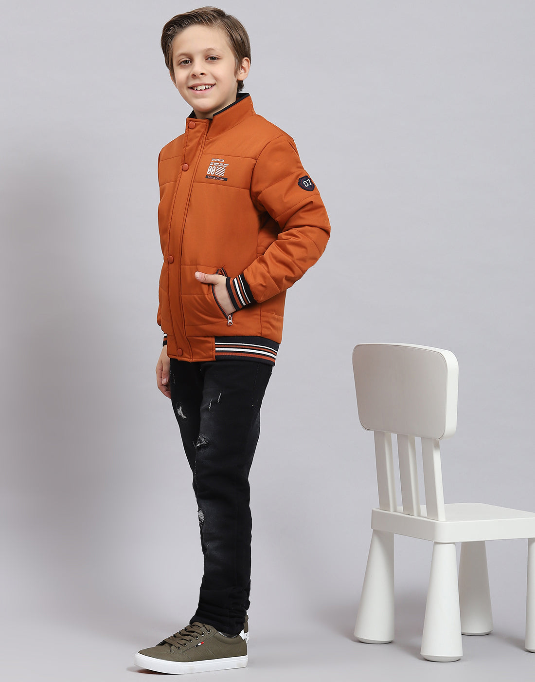 Boys Rust Solid Stand Collar Full Sleeve Boys Jacket