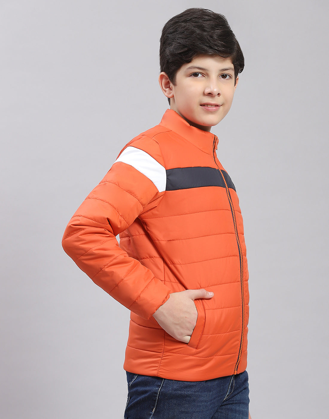 Boys Rust Solid Stand Collar Full Sleeve Boys Jacket