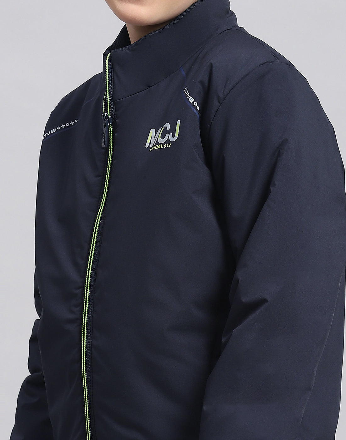 Boys Navy Blue Solid Stand Collar Full Sleeve Boys Jacket