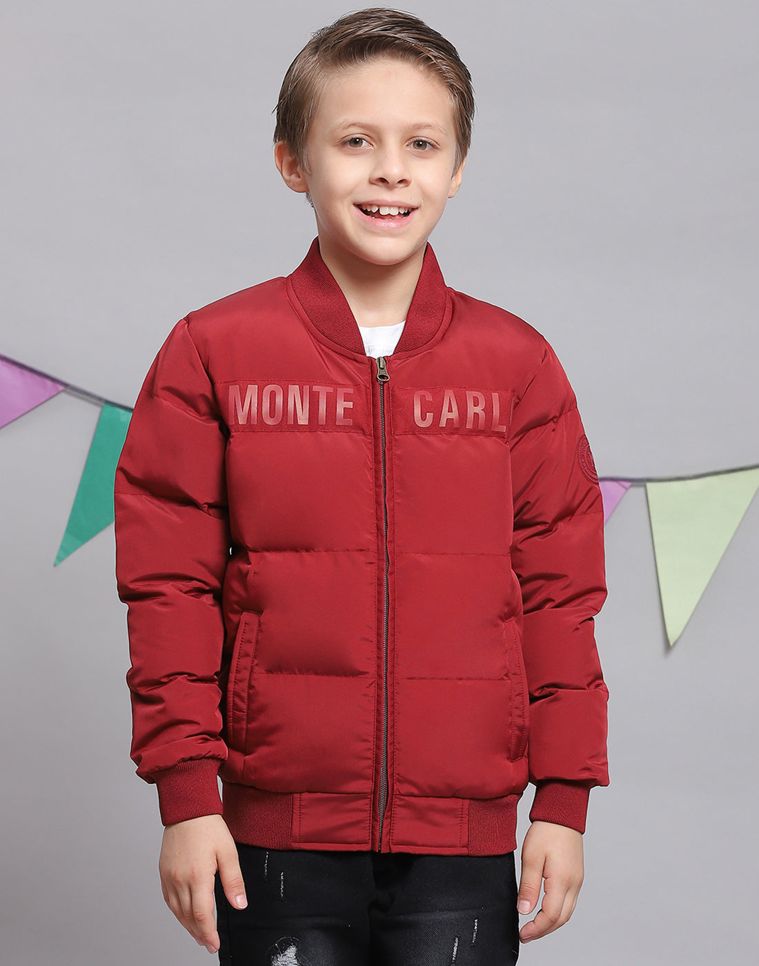 Boys Red Solid Stand Collar Full Sleeve Boys Jacket