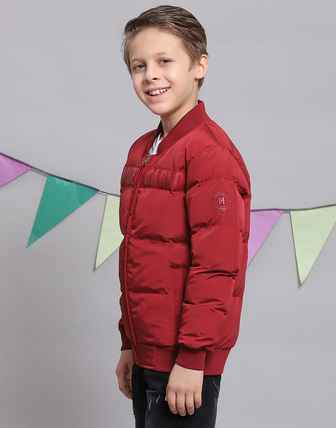 Boys Red Solid Stand Collar Full Sleeve Boys Jacket