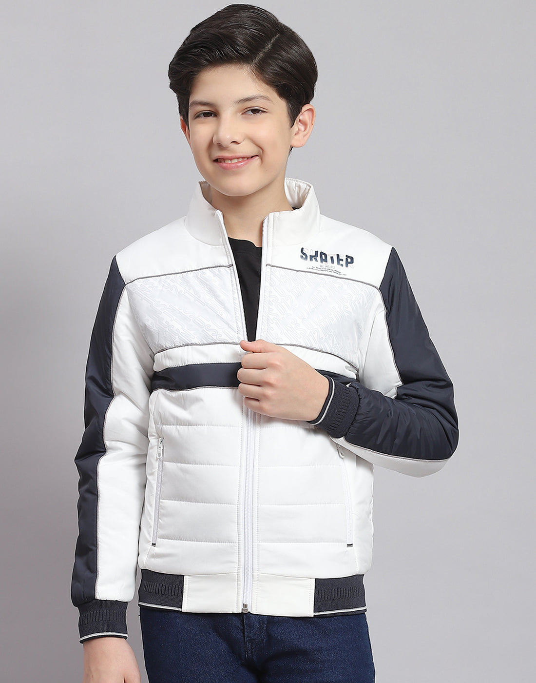 Boys White Printed Stand Collar Full Sleeve Boys Jacket