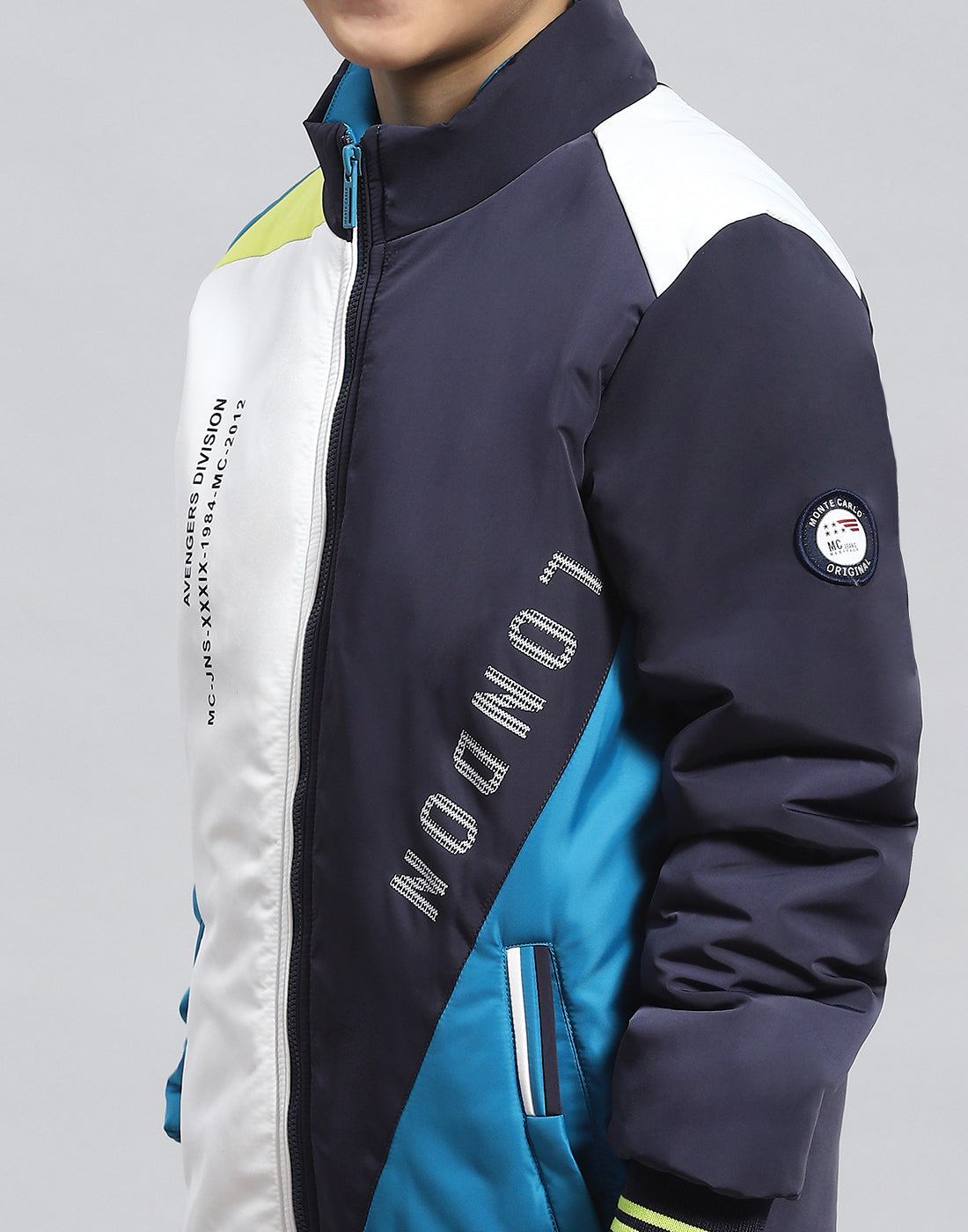 Boys Navy Blue Colourblocked Stand Collar Full Sleeve Boys Jacket