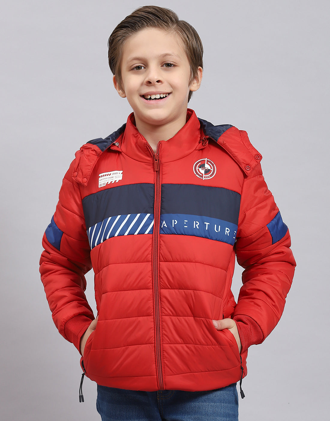 Boys Red Solid Hooded Full Sleeve Boys Jacket