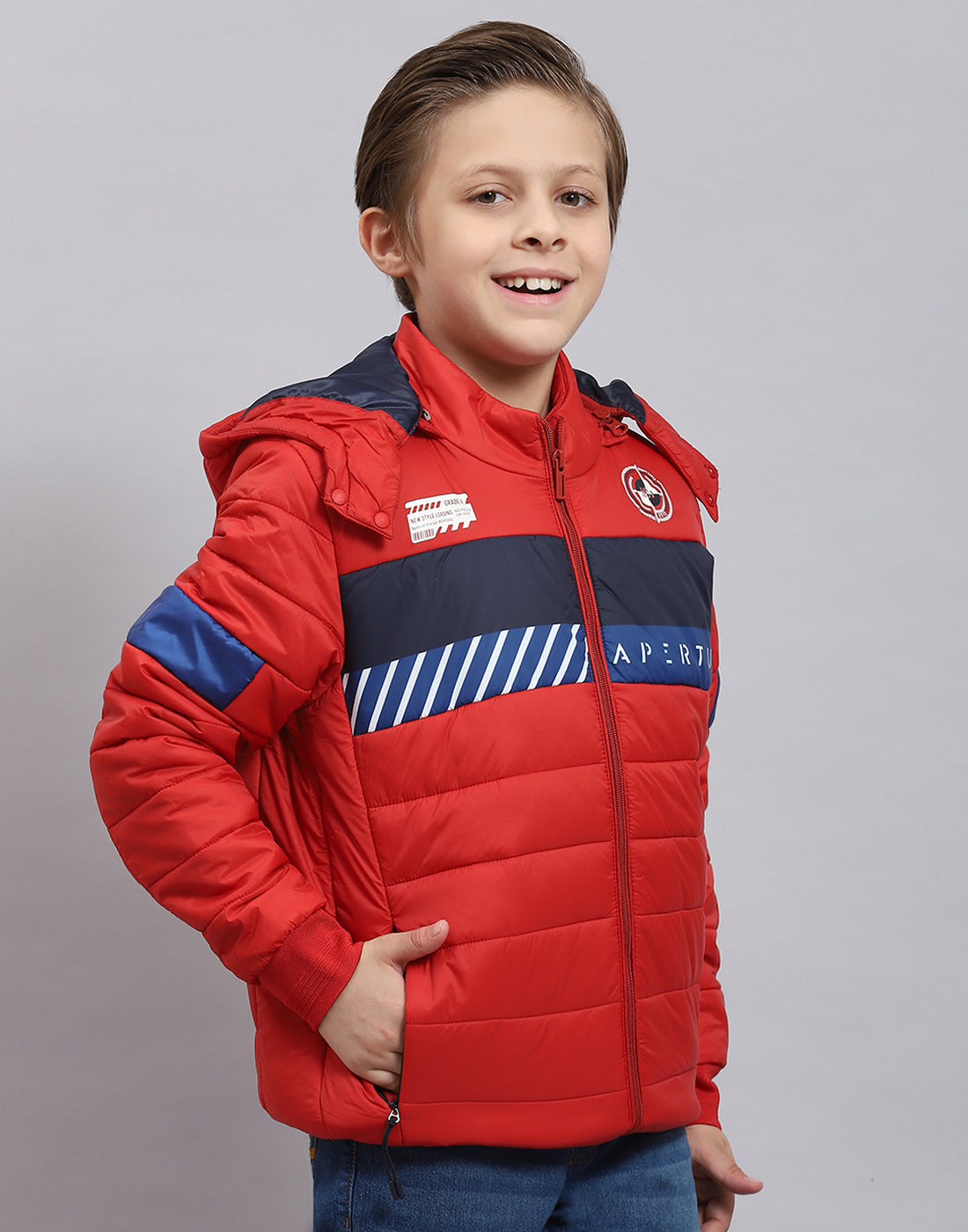 Boys Red Solid Hooded Full Sleeve Boys Jacket