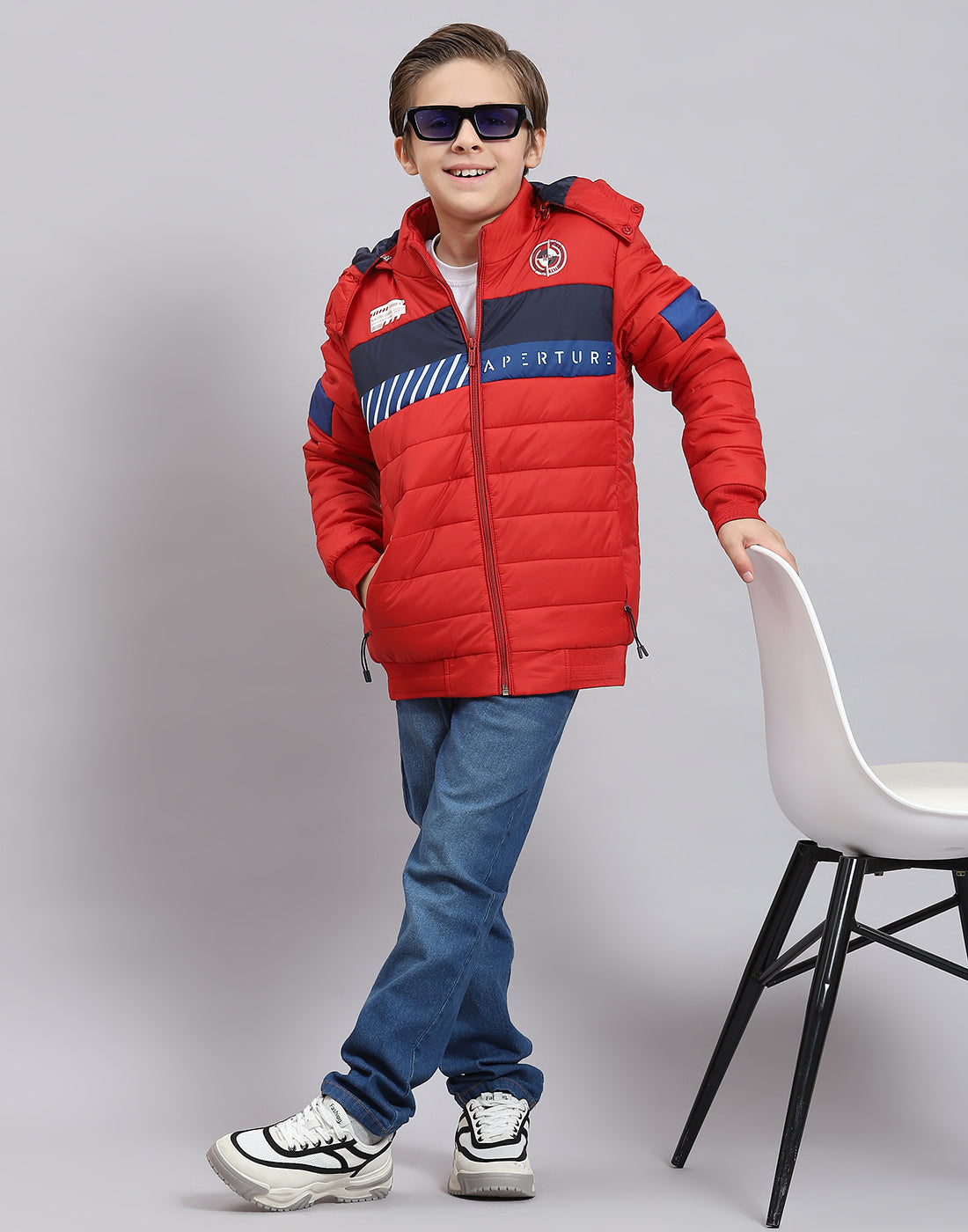 Boys Red Solid Hooded Full Sleeve Boys Jacket
