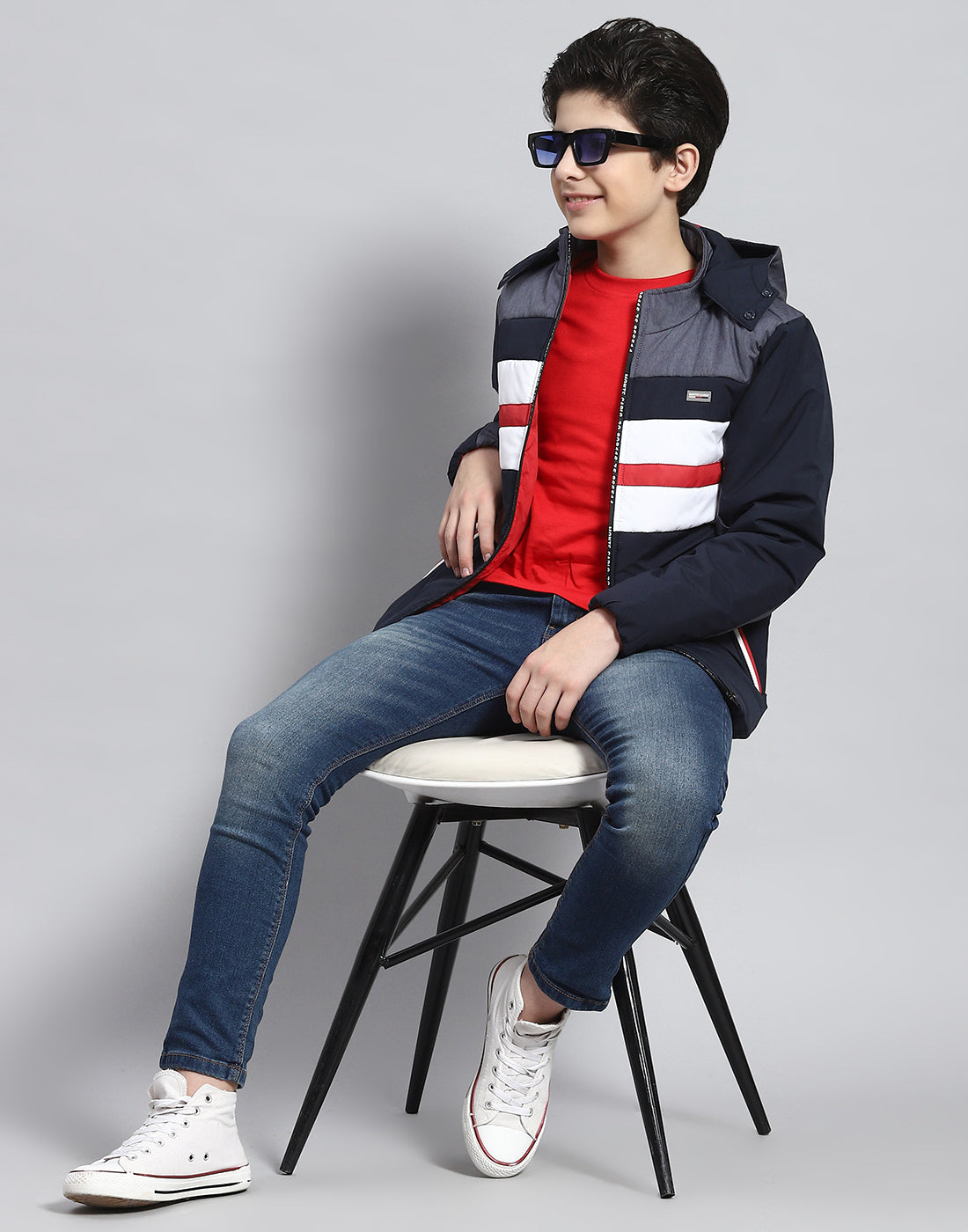 Boys Navy Blue Solid Hooded Full Sleeve Boys Jacket