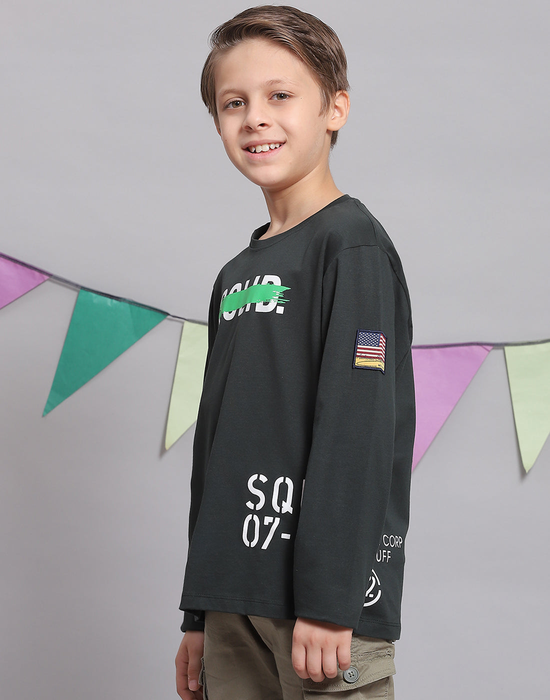 Boys Green Printed Round Neck Full Sleeve T-Shirts