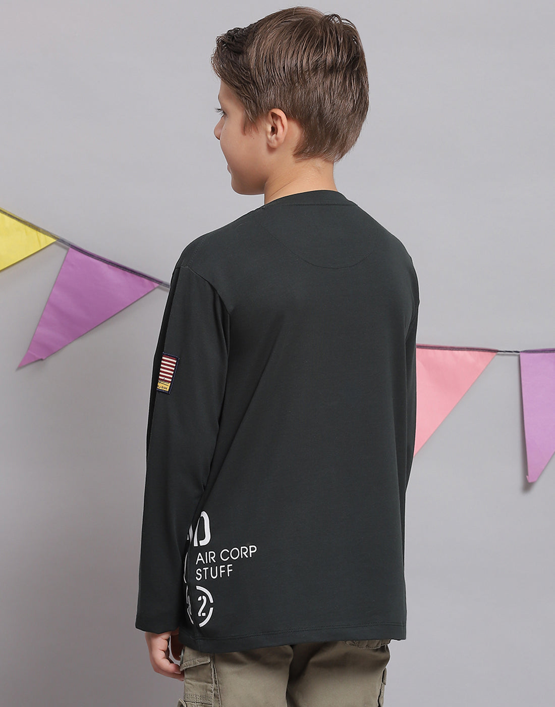 Boys Green Printed Round Neck Full Sleeve T-Shirts