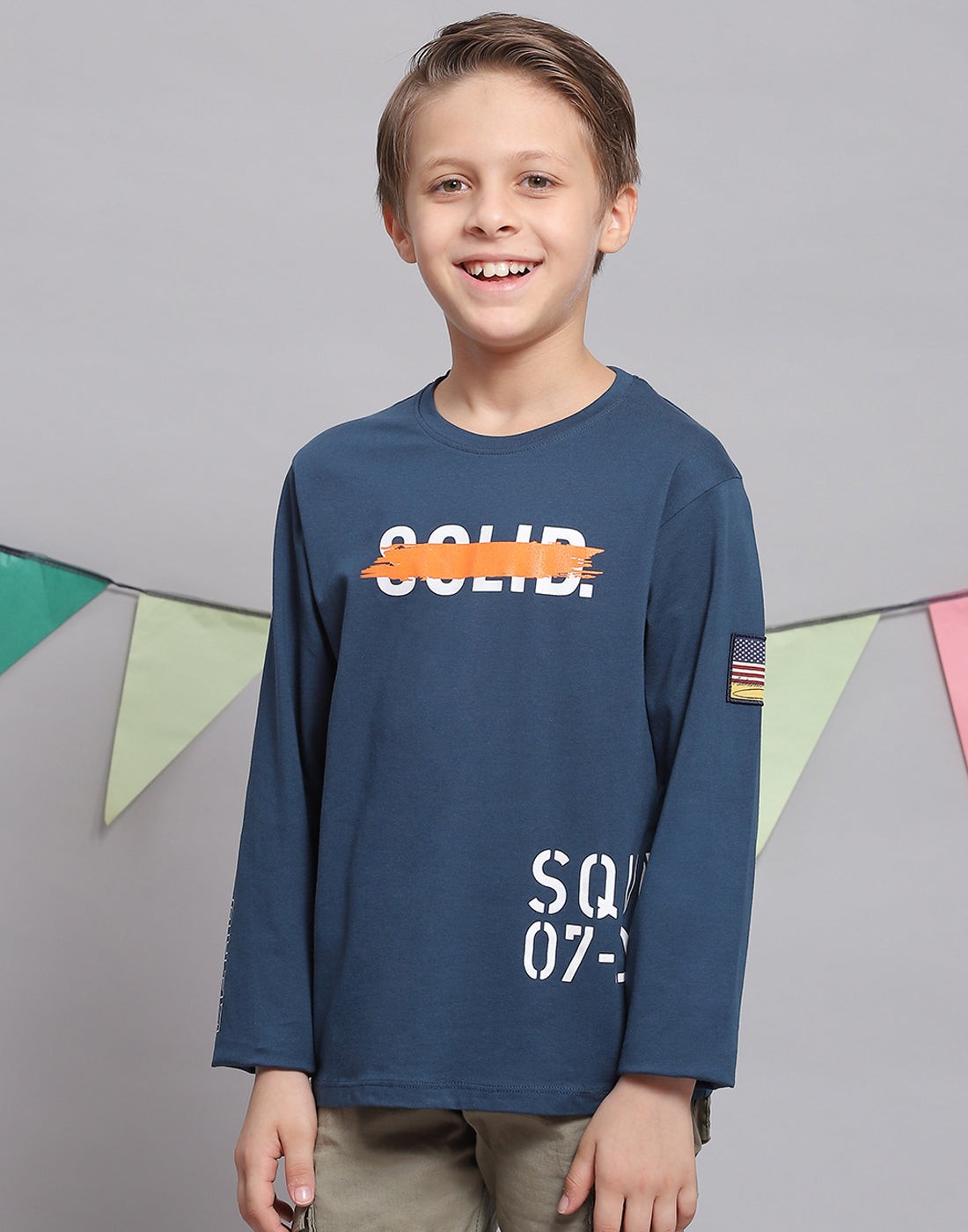 Boys Teal Blue Printed Round Neck Full Sleeve T-Shirts