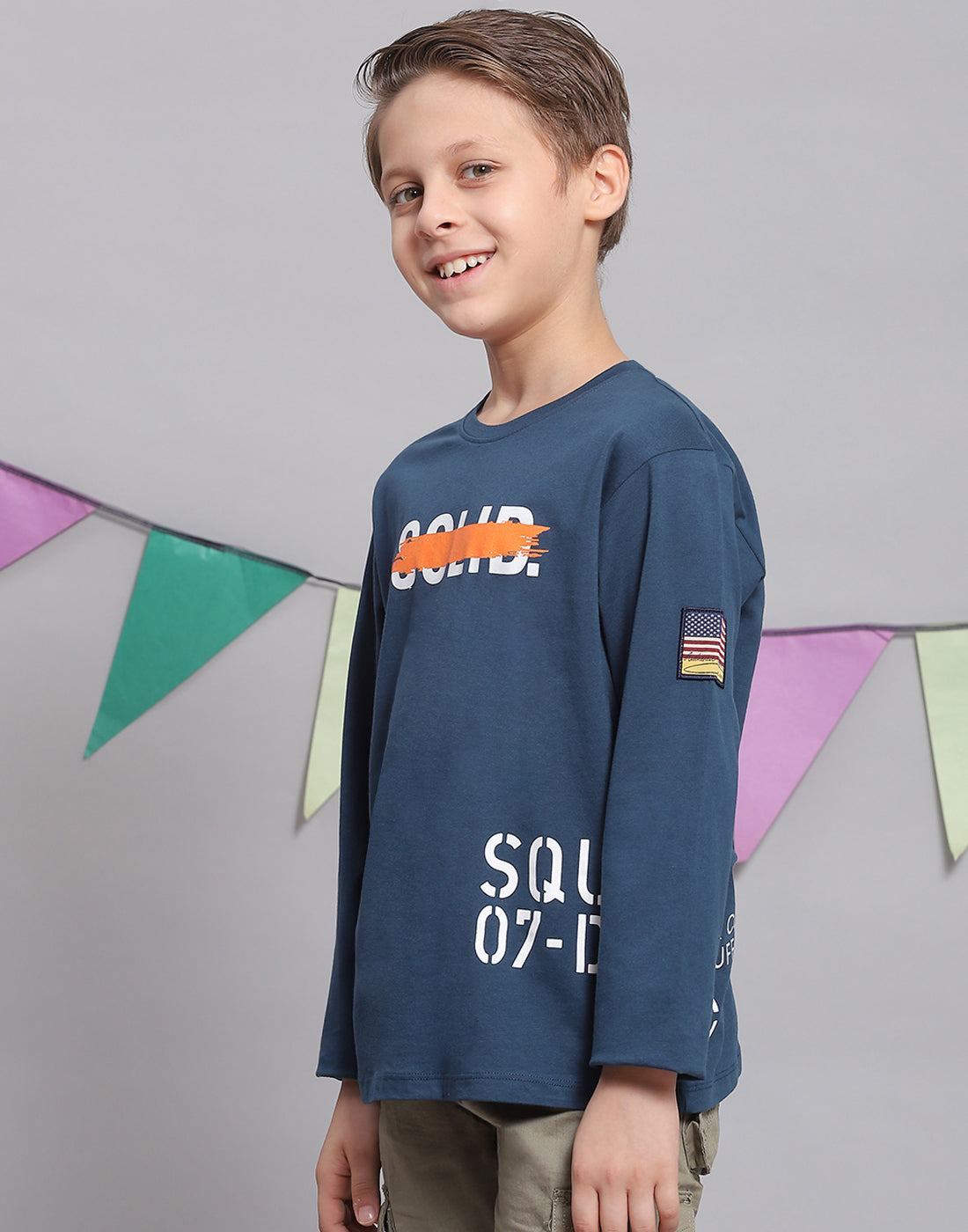 Boys Teal Blue Printed Round Neck Full Sleeve T-Shirts