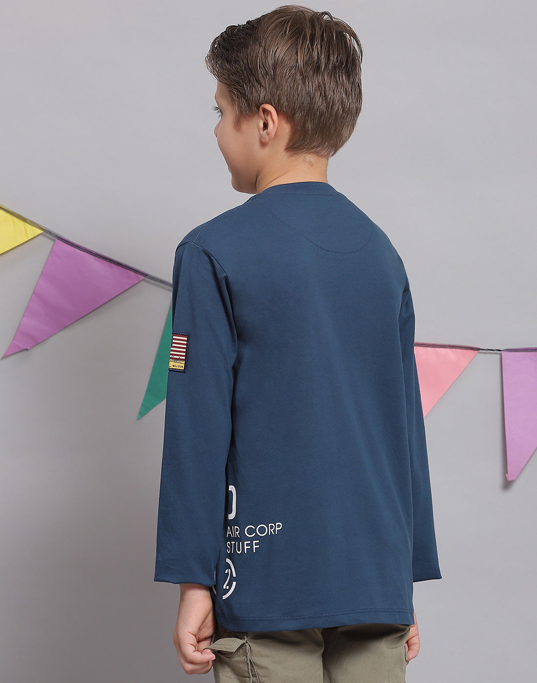 Boys Teal Blue Printed Round Neck Full Sleeve T-Shirts