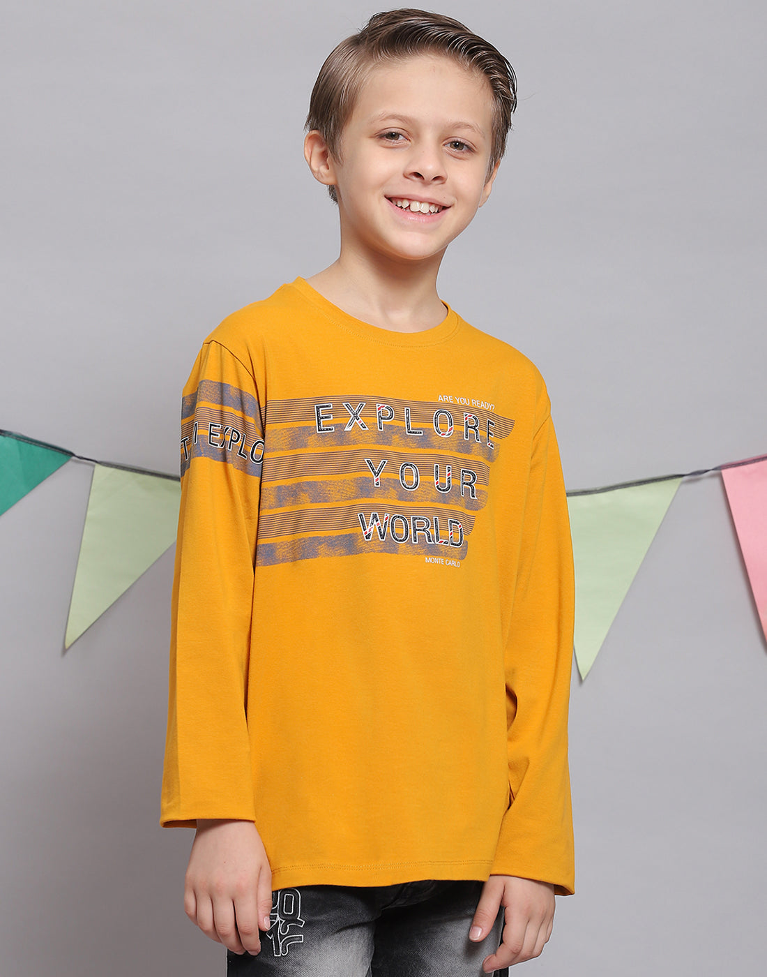 Boys Mustard Printed Round Neck Full Sleeve T-Shirts