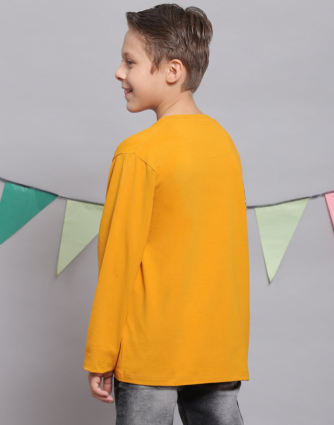 Boys Mustard Printed Round Neck Full Sleeve T-Shirts