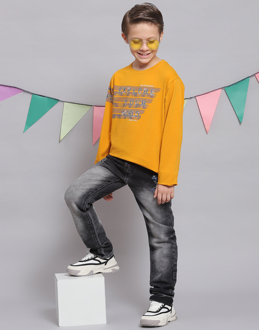 Boys Mustard Printed Round Neck Full Sleeve T-Shirts