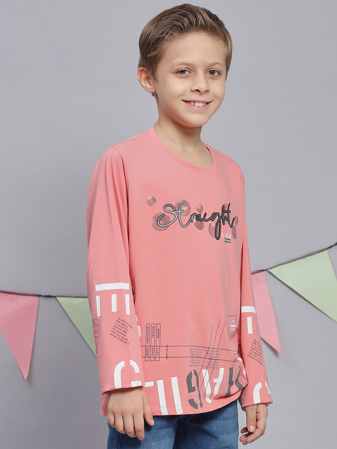 Boys Pink Printed Round Neck Full Sleeve T-Shirts