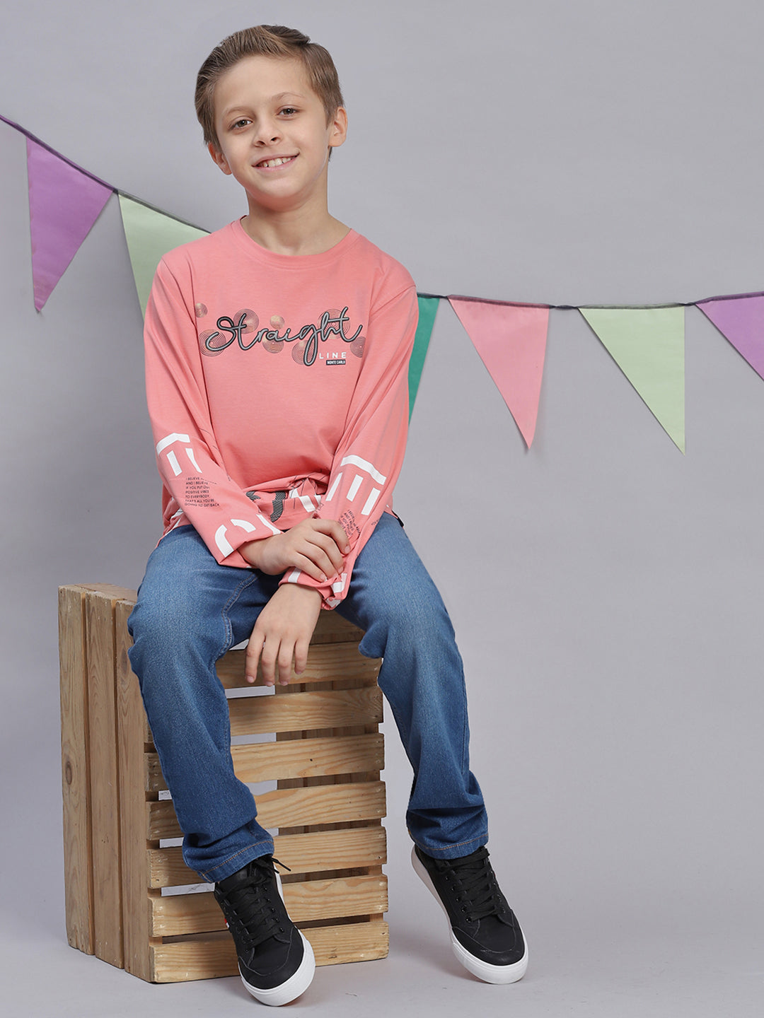 Boys Pink Printed Round Neck Full Sleeve T-Shirts