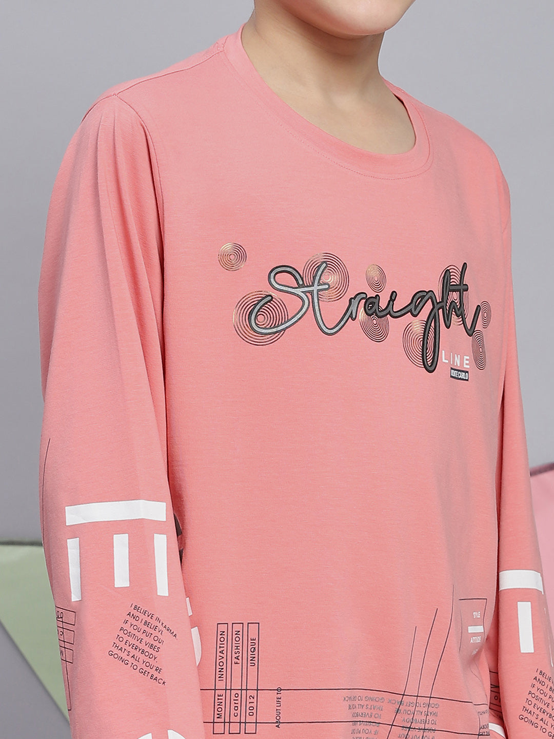 Boys Pink Printed Round Neck Full Sleeve T-Shirts