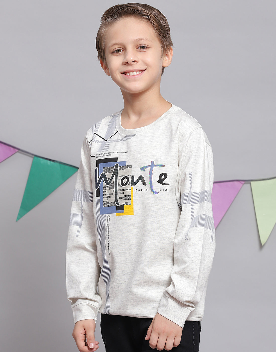 Boys Off White Printed Round Neck Full Sleeve T-Shirts