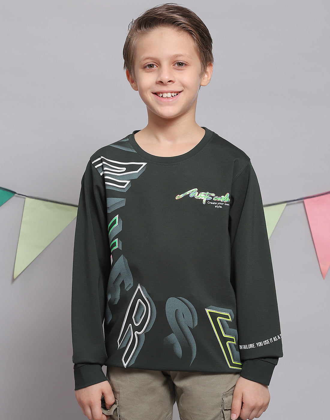 Boys Green Printed Round Neck Full Sleeve T-Shirts
