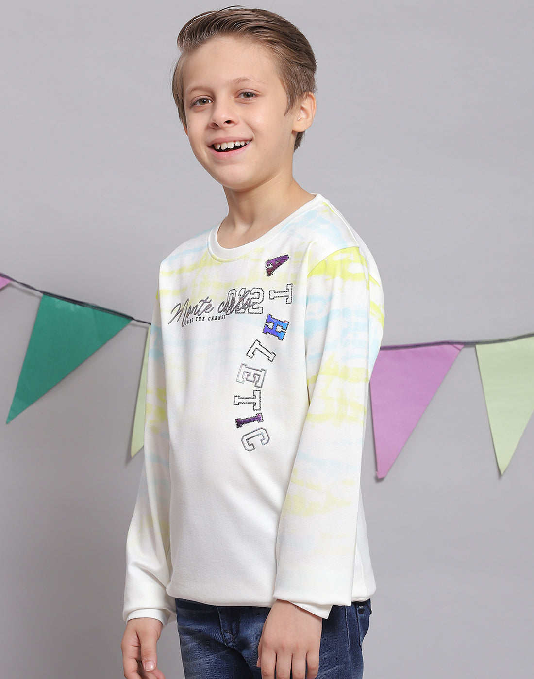 Boys Off White Printed Round Neck Full Sleeve T-Shirts