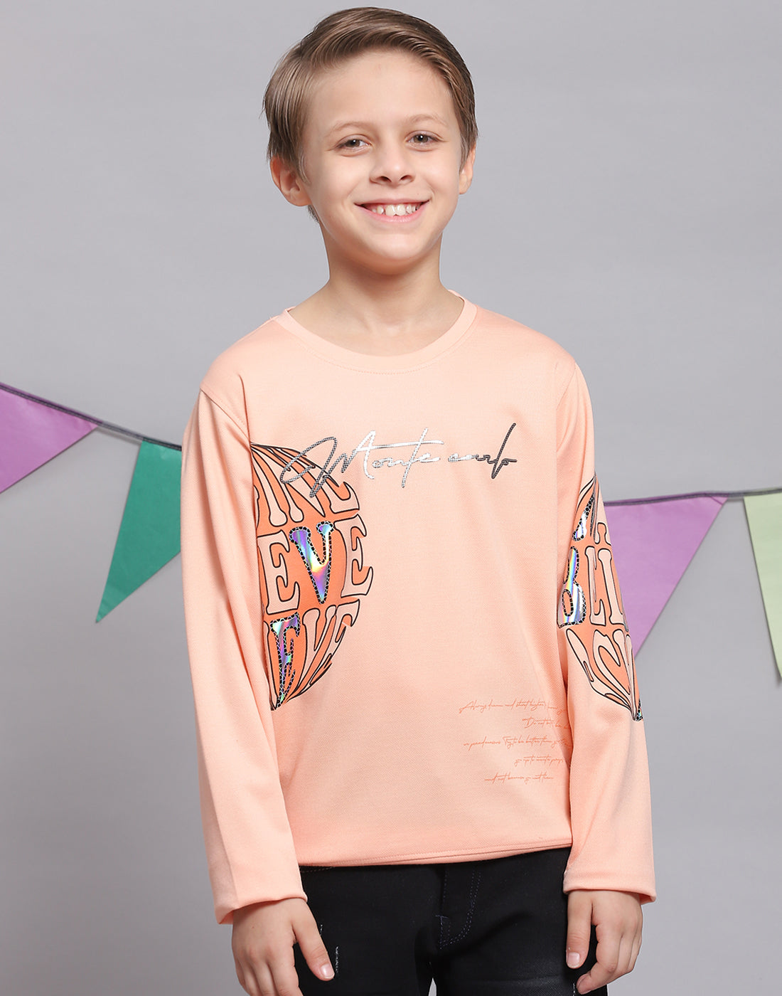 Boys Peach Printed Round Neck Full Sleeve T-Shirts