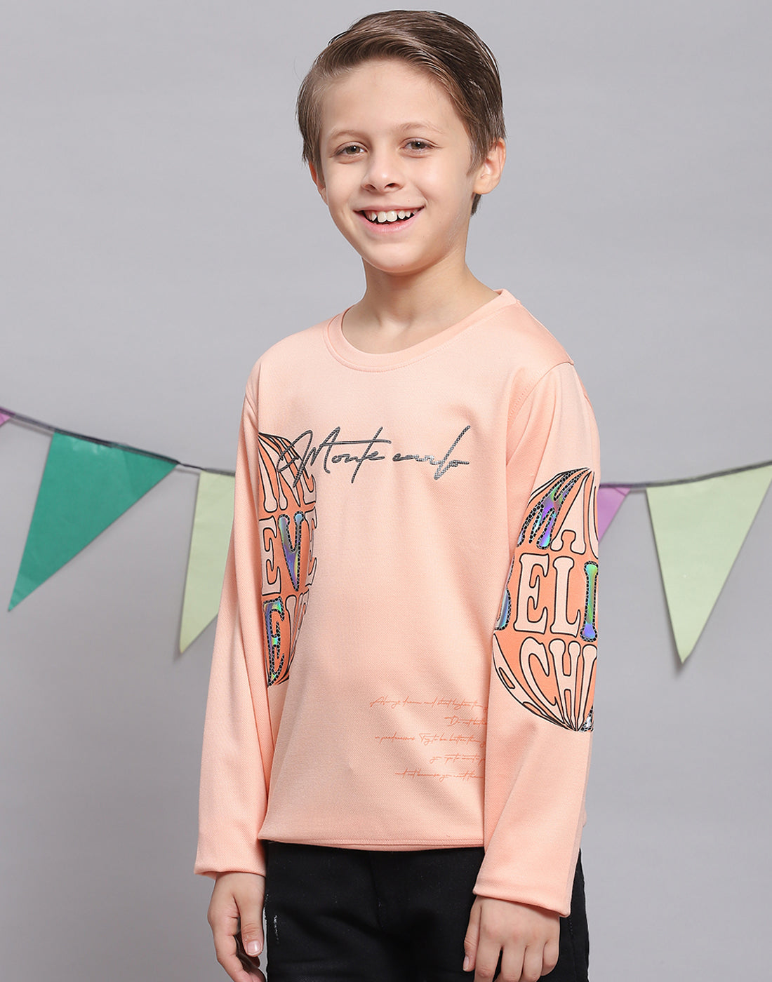 Boys Peach Printed Round Neck Full Sleeve T-Shirts