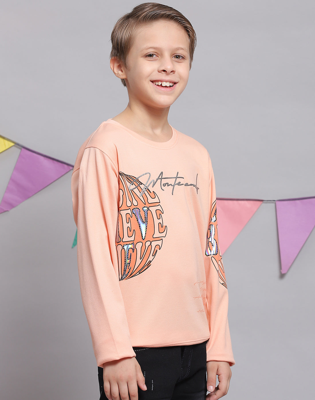 Boys Peach Printed Round Neck Full Sleeve T-Shirts