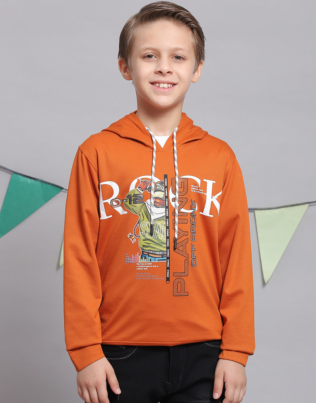 Boys Rust Printed Hooded Full Sleeve T-Shirts