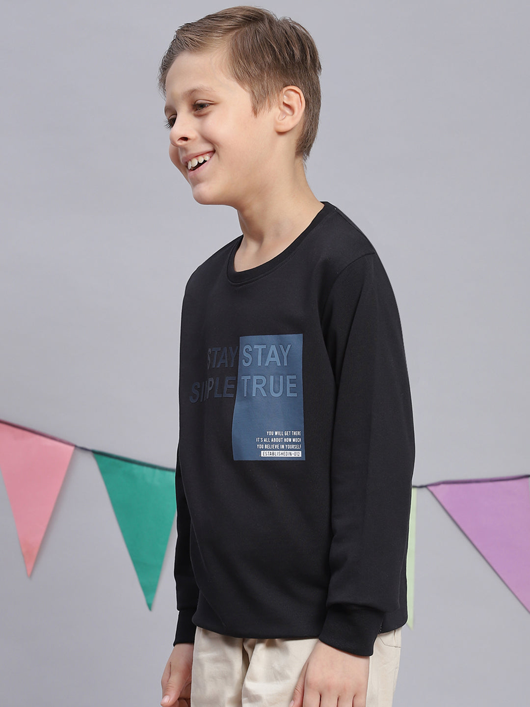 Boys Black Printed Round Neck Full Sleeve Sweatshirt