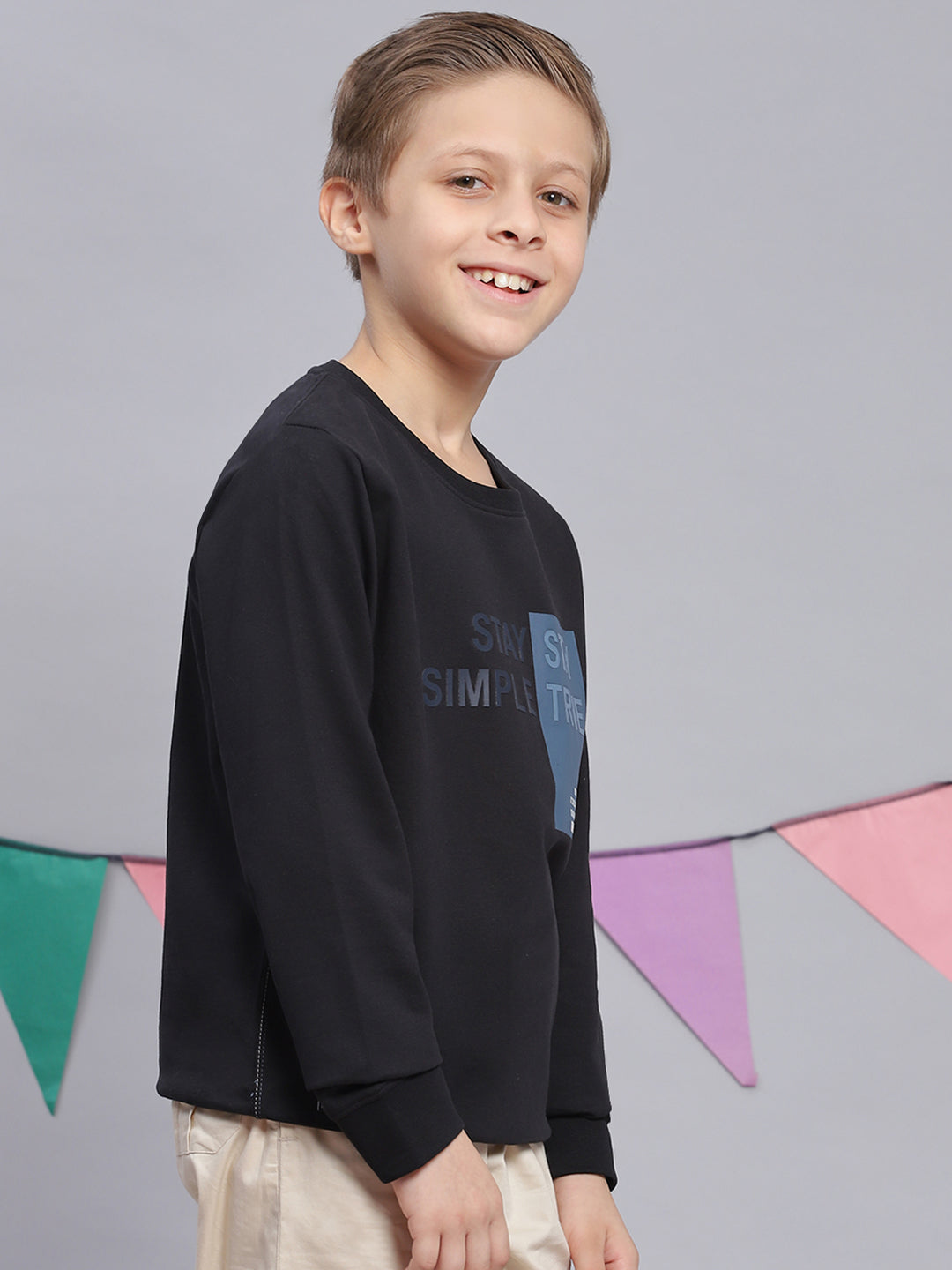 Boys Black Printed Round Neck Full Sleeve Sweatshirt