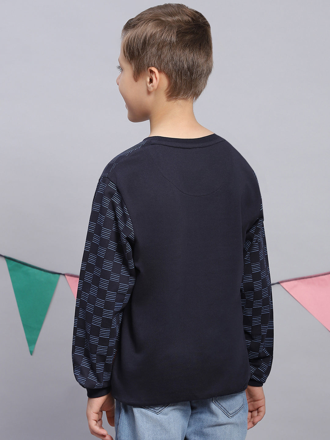 Boys Navy Blue Printed Round Neck Full Sleeve Sweatshirt