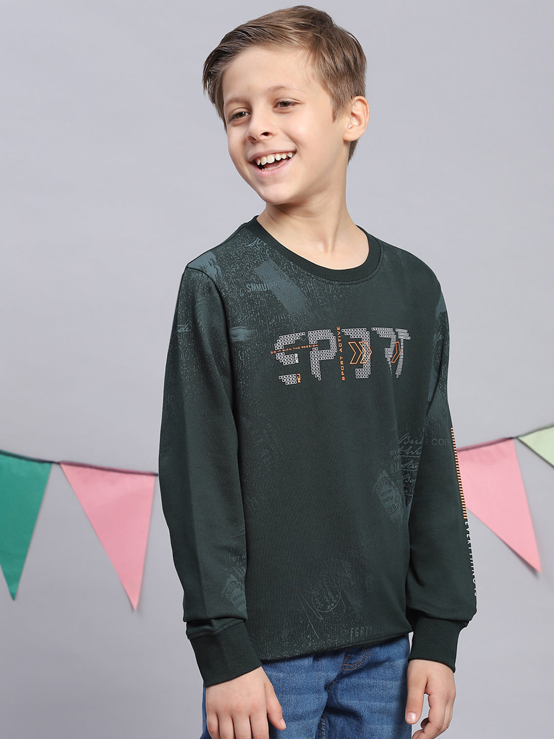Boys Green Printed Round Neck Full Sleeve Sweatshirt