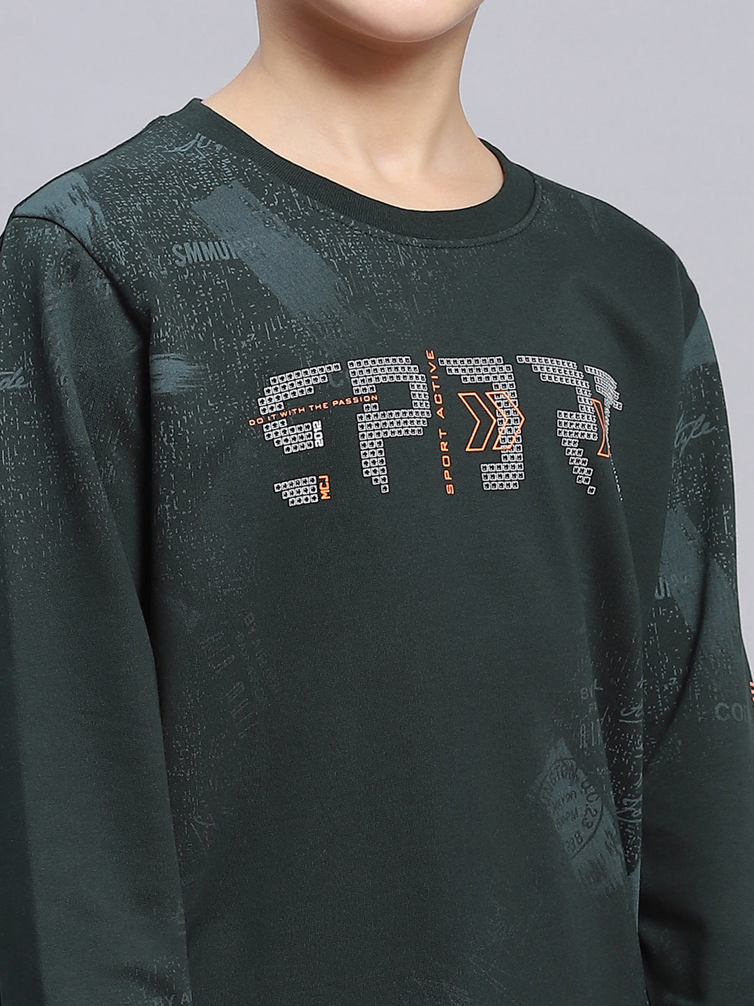 Boys Green Printed Round Neck Full Sleeve Sweatshirt