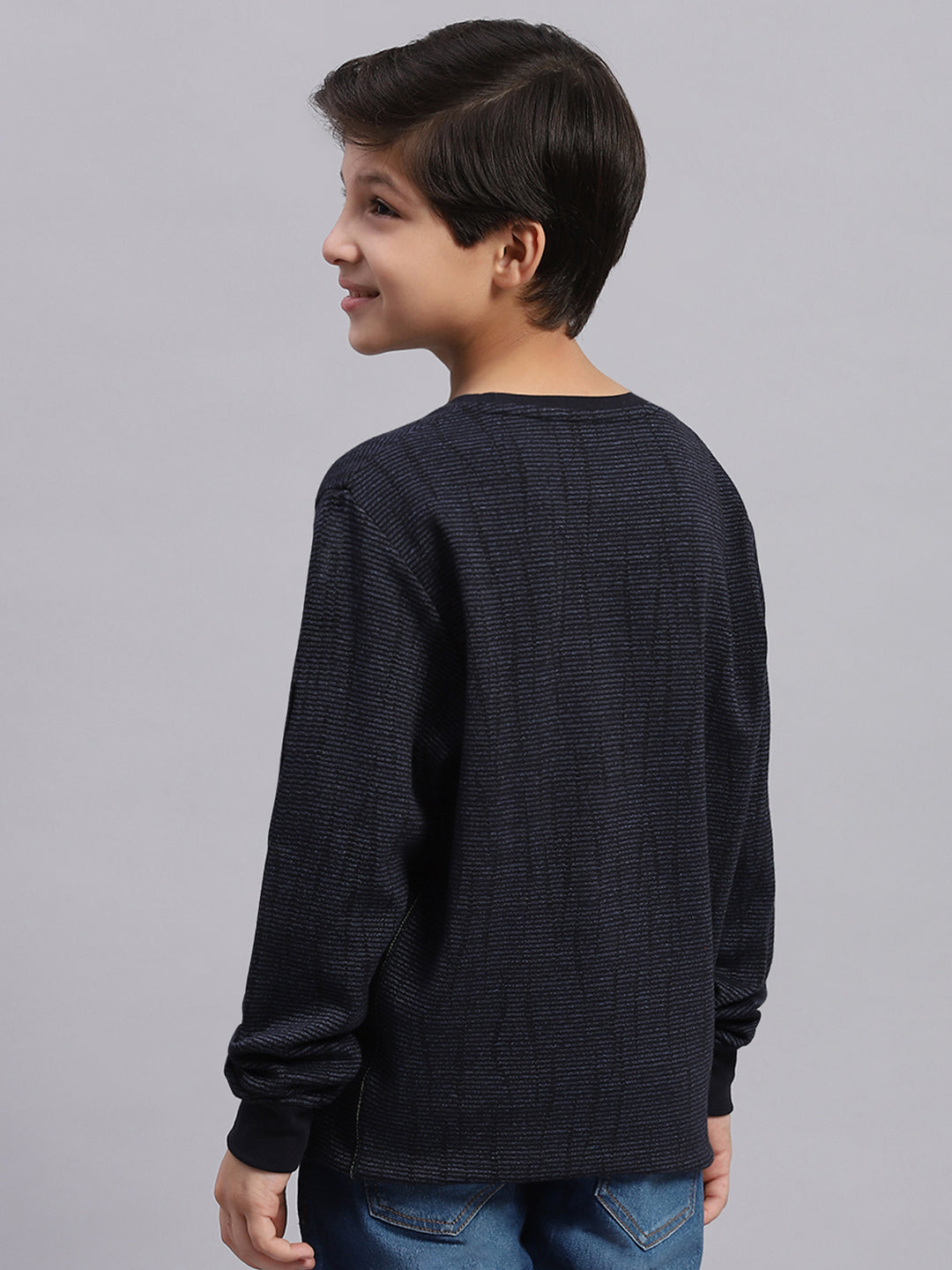 Boys Blue Self Design Round Neck Full Sleeve Sweatshirt