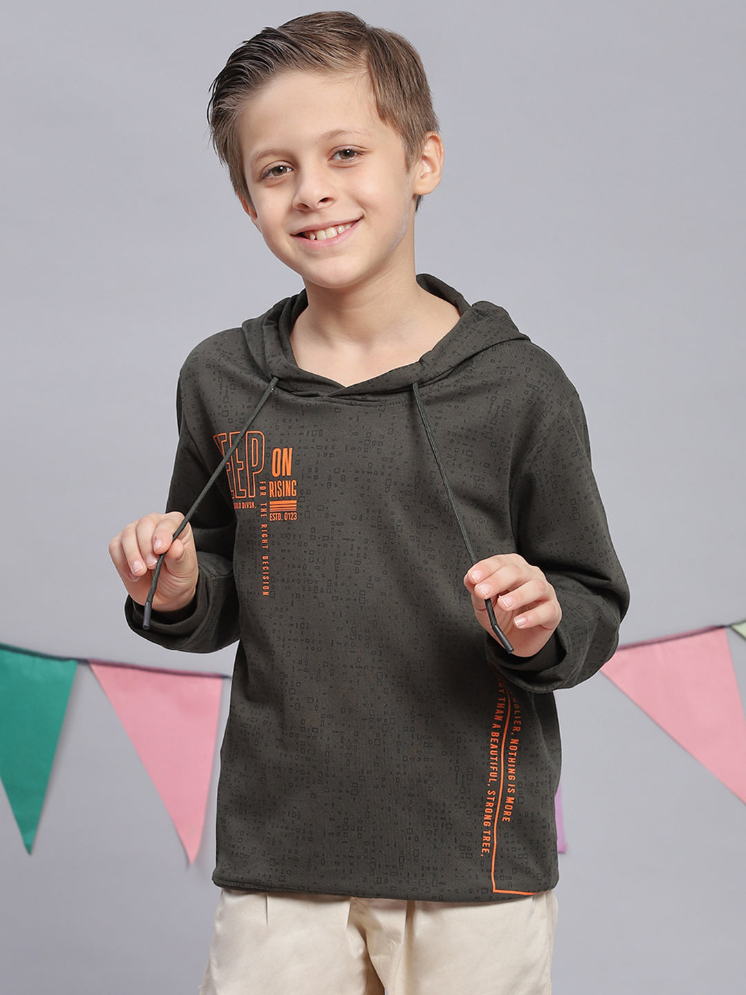 Boys Olive Printed Round Neck Full Sleeve Sweatshirt