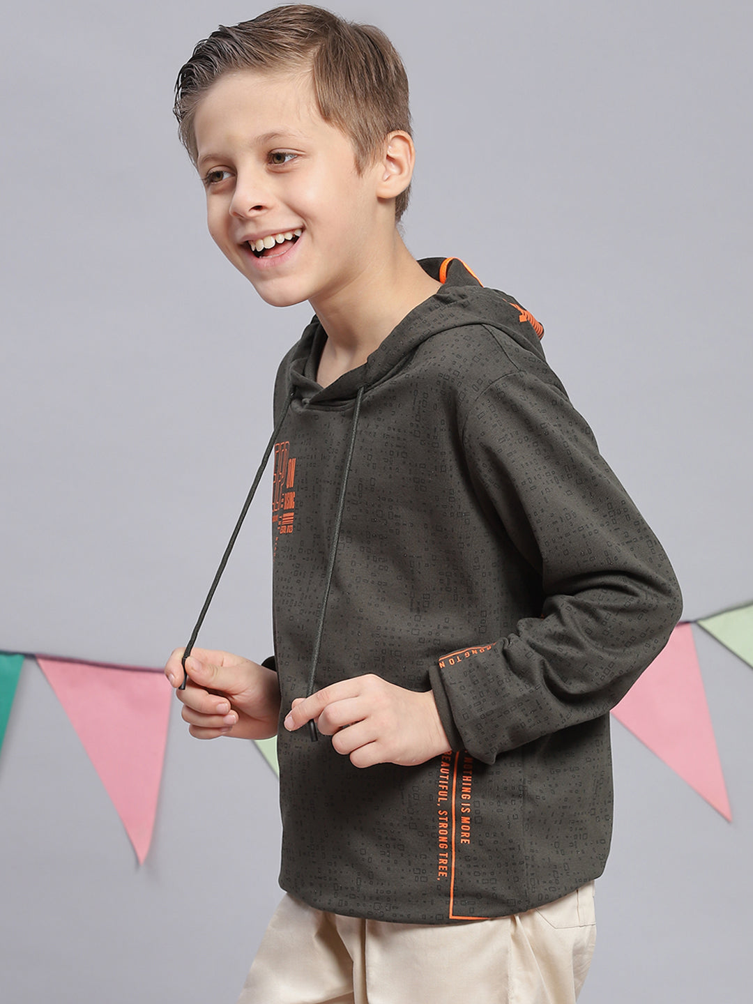 Boys Olive Printed Round Neck Full Sleeve Sweatshirt