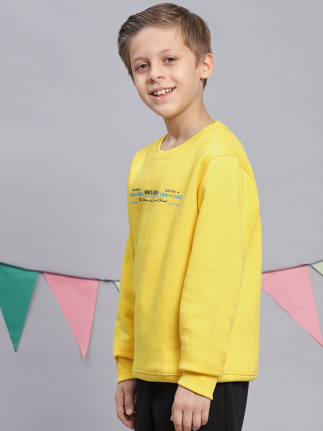 Boys Yellow Printed Round Neck Full Sleeve Sweatshirt