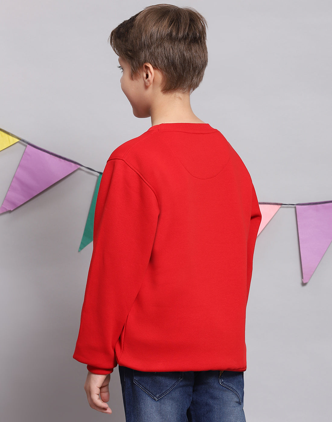 Boys Red Printed Round Neck Full Sleeve Sweatshirt