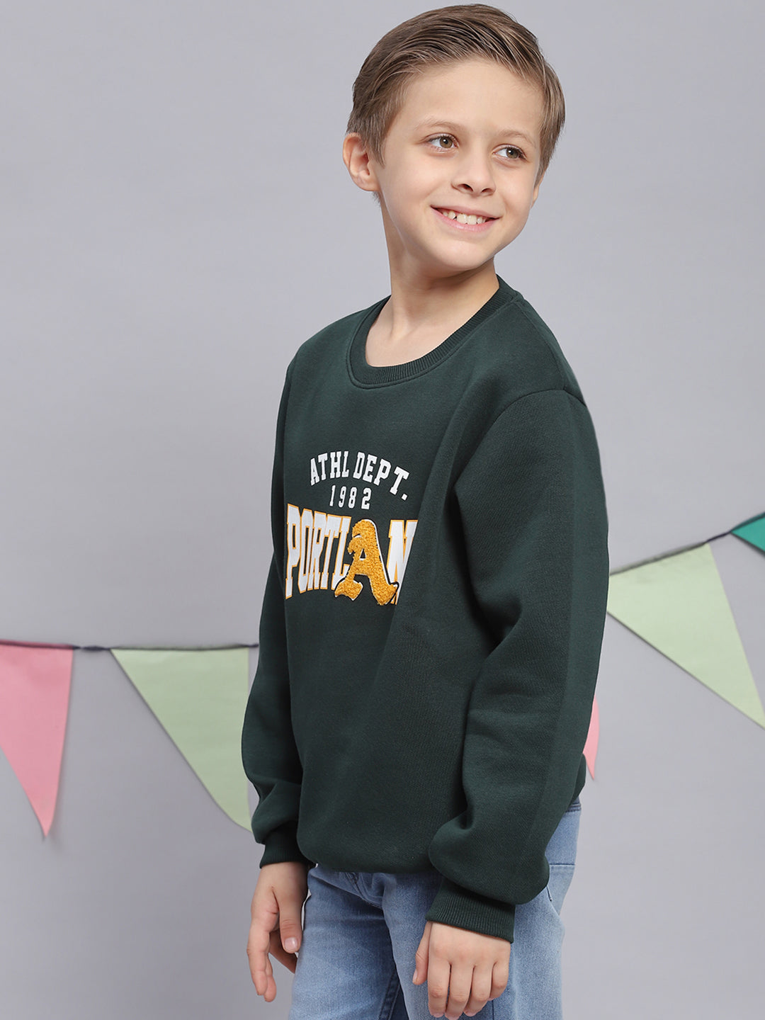 Boys Green Printed Round Neck Full Sleeve Sweatshirt
