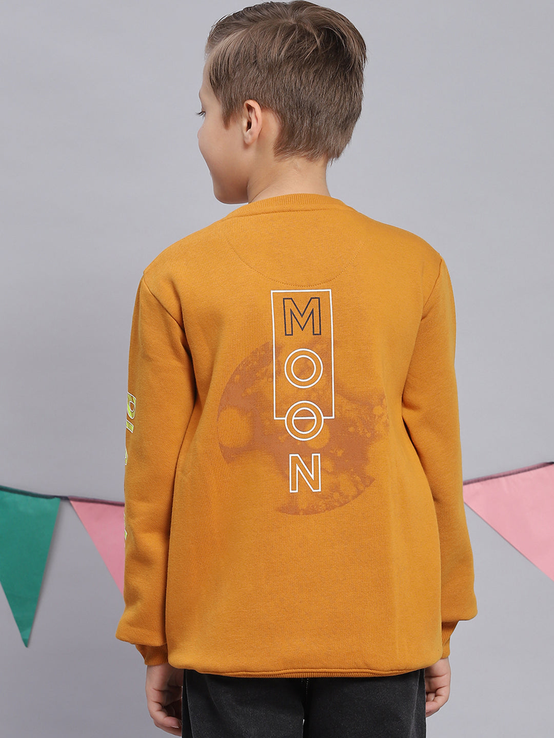 Boys Mustard Printed Round Neck Full Sleeve Sweatshirt