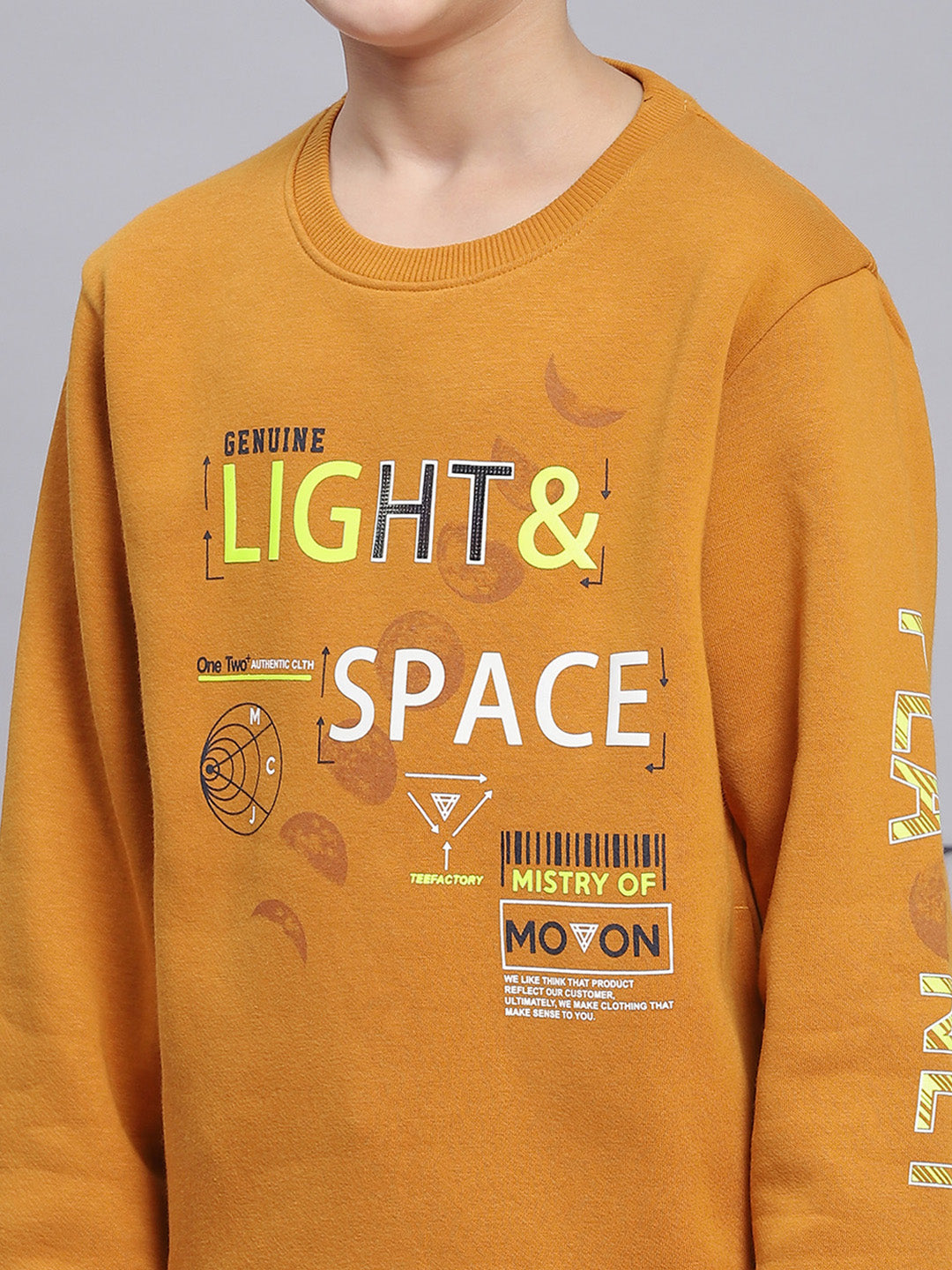 Boys Mustard Printed Round Neck Full Sleeve Sweatshirt