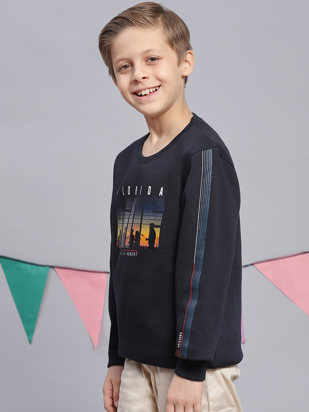 Boys Navy Blue Printed Round Neck Full Sleeve Sweatshirt