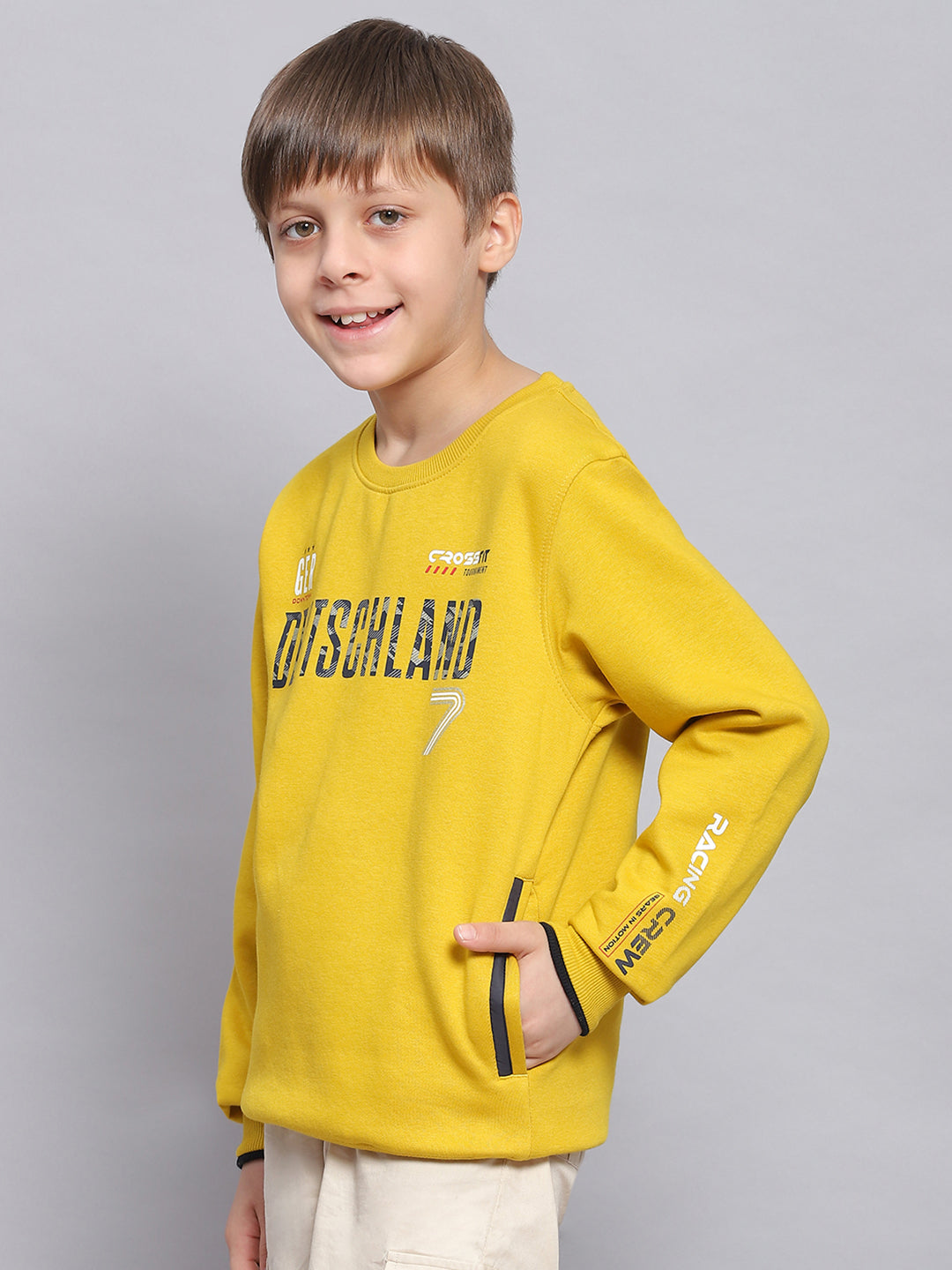 Boys Yellow Printed Round Neck Full Sleeve Sweatshirt
