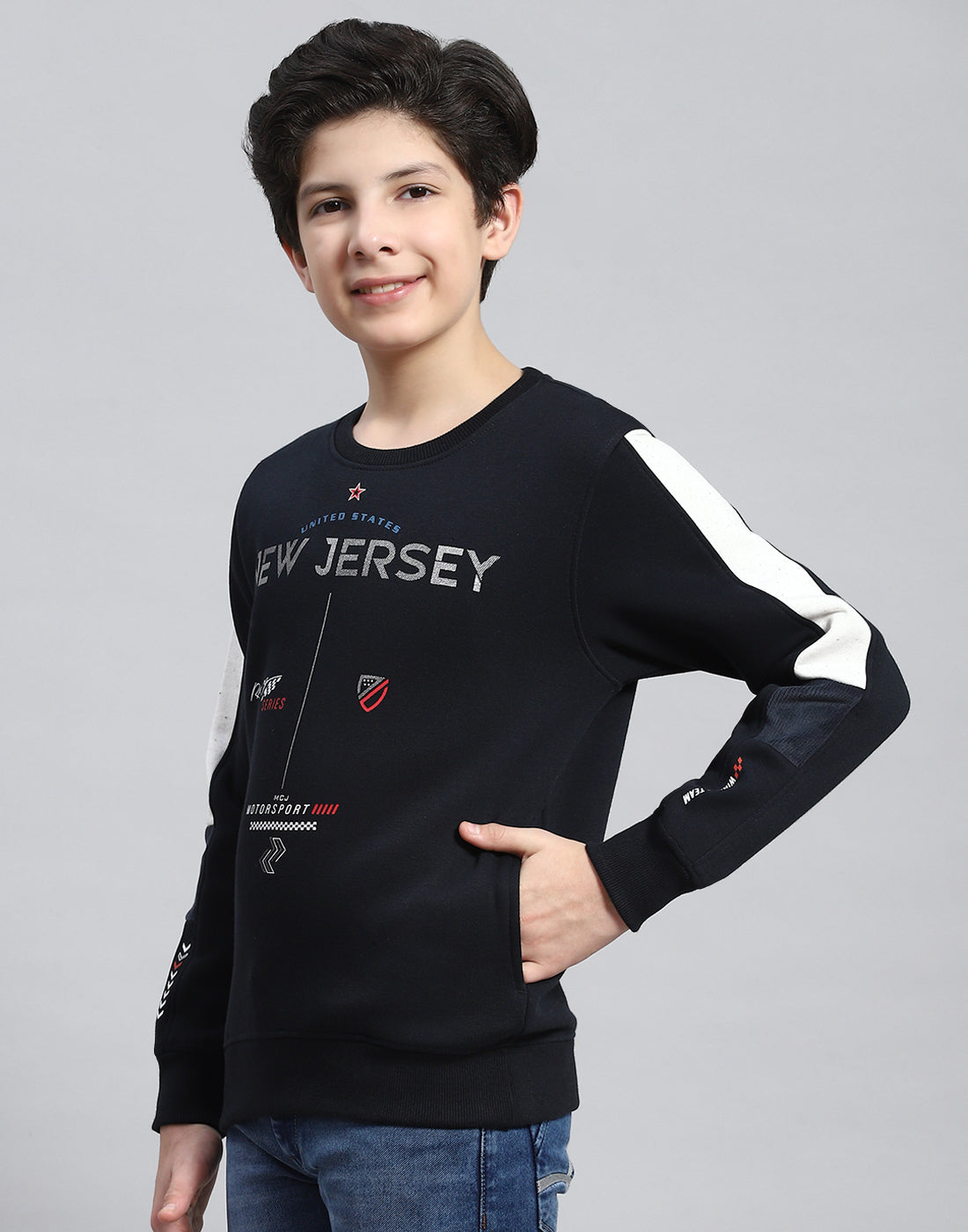 Boys Navy Blue Printed Round Neck Full Sleeve Sweatshirt