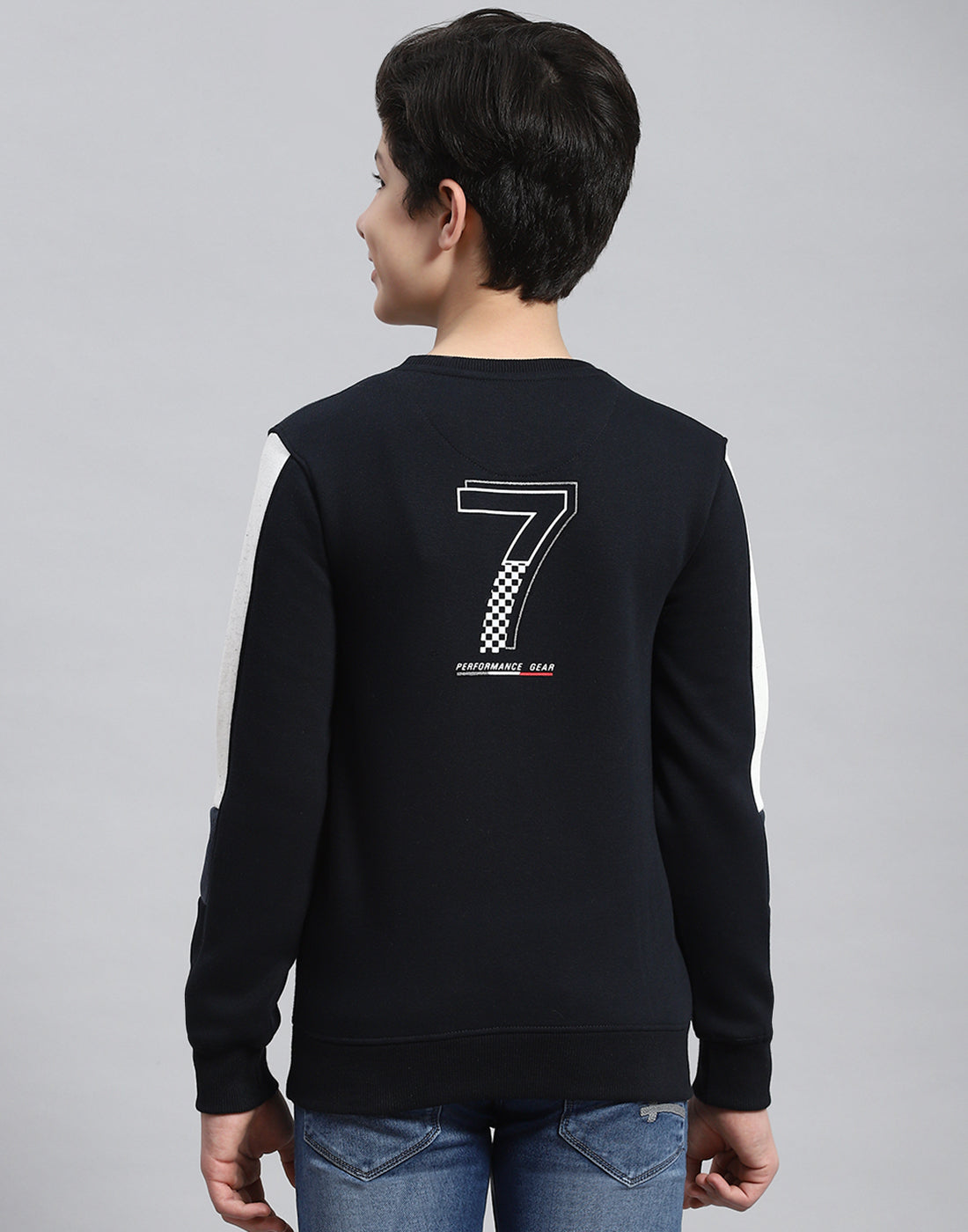 Boys Navy Blue Printed Round Neck Full Sleeve Sweatshirt
