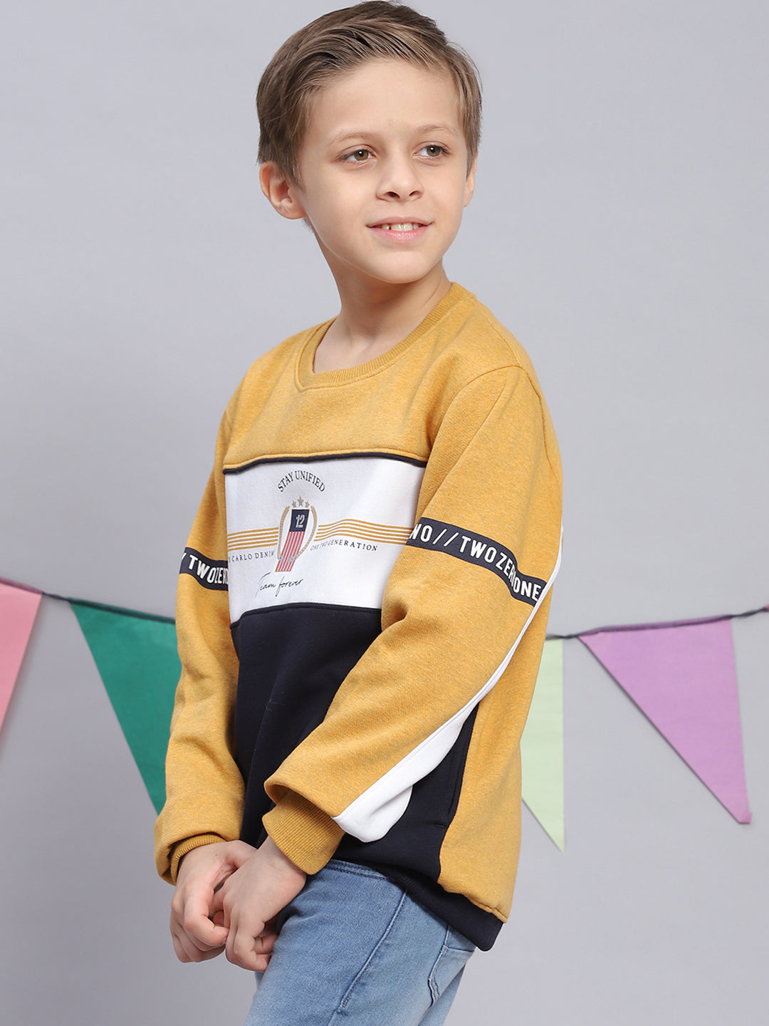 Boys Mustard Printed Round Neck Full Sleeve Sweatshirt
