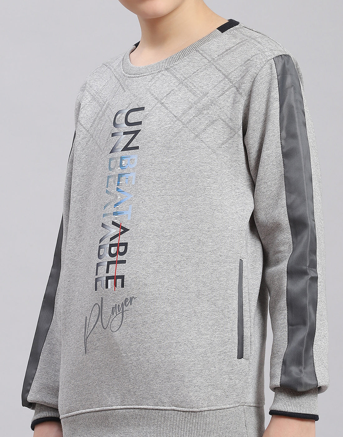Boys Grey Melange Printed Round Neck Full Sleeve Sweatshirt